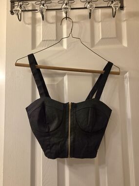 Black Bustier Crop Top with Front Gold Zipper